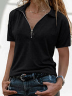 ZOFIA ATELIER black short-sleeve casual top with zip detail and collar. Lightweight, breathable fabric.