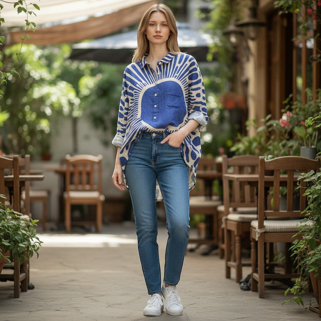 ZOFIA ATELIER woman in blue and beige abstract print long-sleeve shirt and blue jeans.