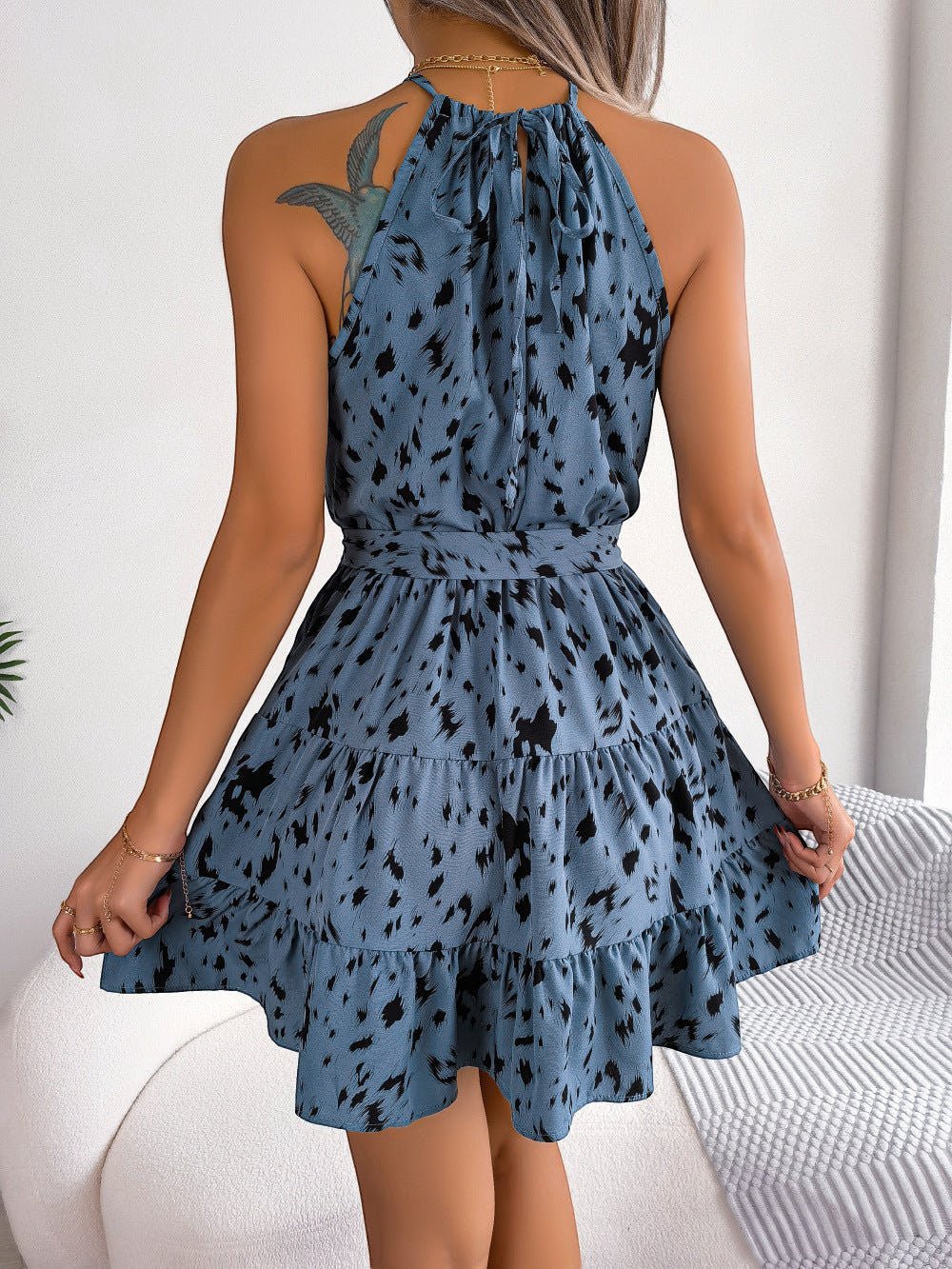 ZOFIA ATELIER blue chiffon leopard print ruffled halter neck A-line mini dress