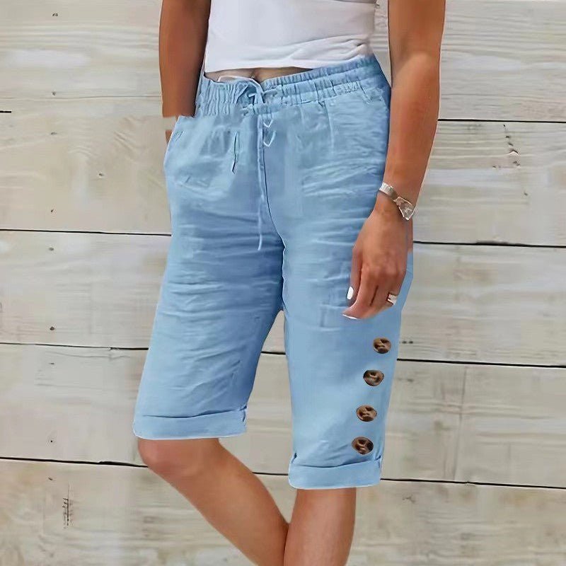 ZOFIA ATELIER light blue cotton linen wide leg capri pants with elastic waist and decorative buttons