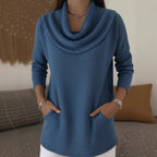 ZOFIA ATELIER blue long sleeve polyester pullover top with cowl neck and front pockets