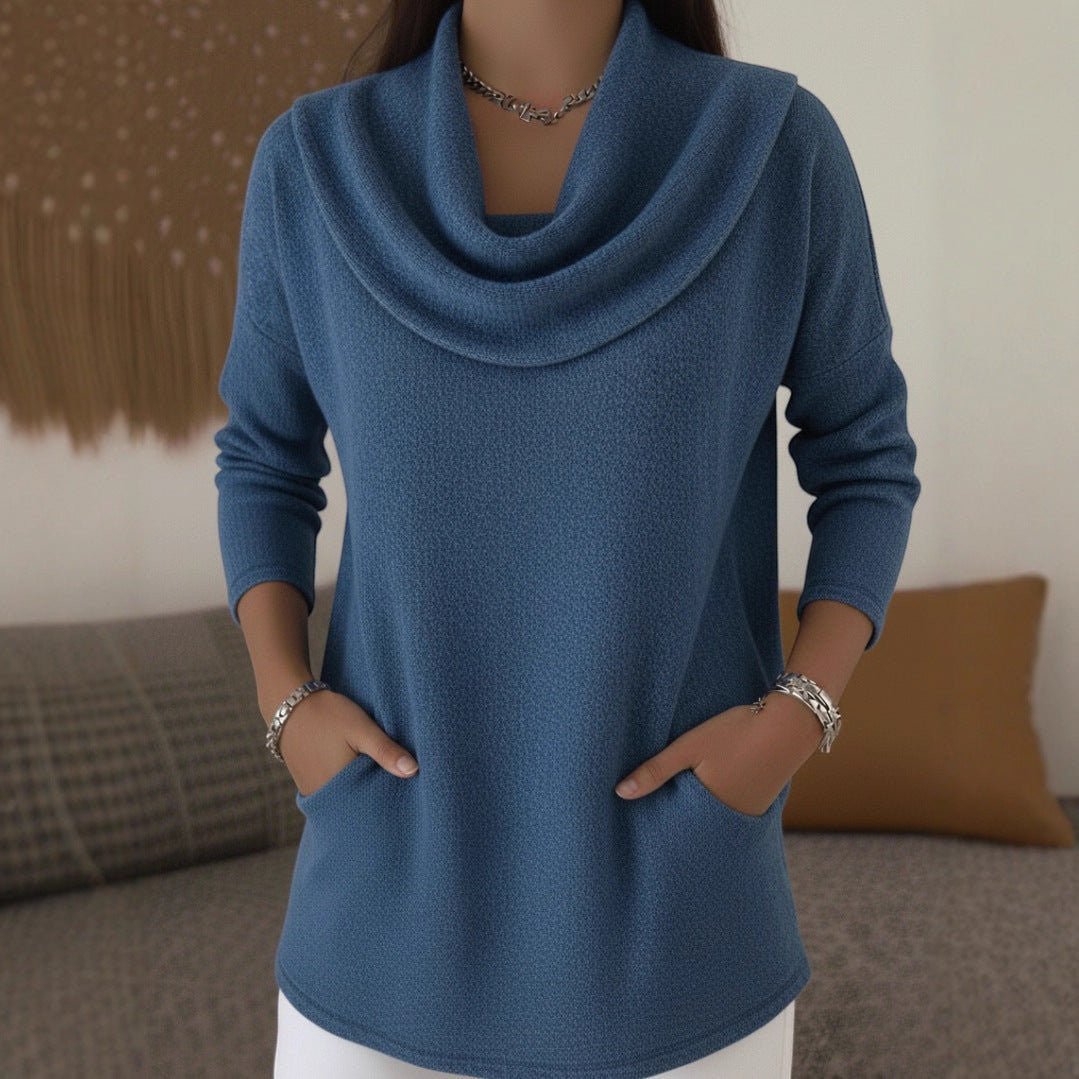 ZOFIA ATELIER blue long sleeve polyester pullover top with cowl neck and front pockets