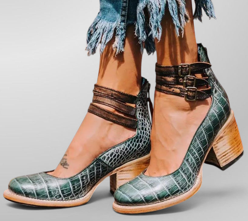 ZOFIA ATELIER blue crocodile pattern high-top buckle shoes with square heel and round toe.