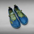 ZOFIA ATELIER blue ethnic single sandals with green leaf accents and buckle strap. Round toe, artificial PU.