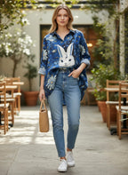 ZOFIA ATELIER blue spandex shirt with a vintage floral and bunny print, long sleeves, and button-up front.