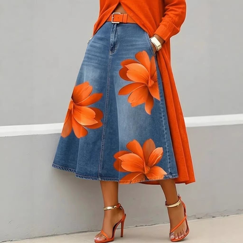 ZOFIA ATELIER blue denim-style midi skirt with large orange floral print, A-line fit, polyester