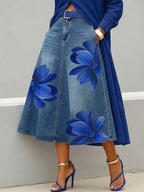 ZOFIA ATELIER blue denim-style midi skirt with large floral print, A-line fit, polyester
