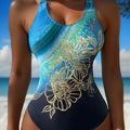 ZOFIA ATELIER blue and navy one-piece swimsuit with gold floral print and abstract blue waves