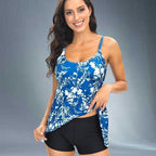 ZOFIA ATELIER blue floral print tankini swim set with black boy shorts. Women's swimwear.