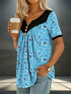 ZOFIA ATELIER blue floral print short sleeve v-neck top with button detail and black contrast yoke.