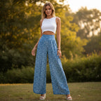 ZOFIA ATELIER blue floral print wide leg polyester pants with a high waist and micro elasticity.