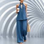 ZOFIA ATELIER blue polyester V-neck halter sleeveless top with button detail and wide-leg pants