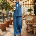 ZOFIA ATELIER blue polyester V-neck halter sleeveless wide-leg pants set with button details
