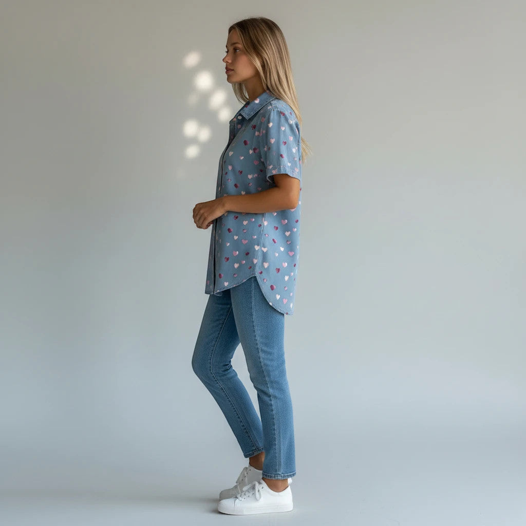 ZOFIA ATELIER blue short-sleeved polyester top with all-over pink and red heart print. Loose fit.