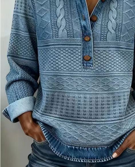 ZOFIA ATELIER blue knitted color-block shirt with patchwork design and button details. Polyester-cotton blend.