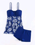 ZOFIA ATELIER blue two-piece swim set with white leaf print and high-waist boxer bottoms