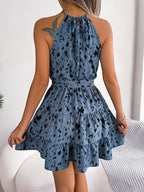 ZOFIA ATELIER blue leopard print chiffon ruffled halter neck sleeveless A-line mini dress