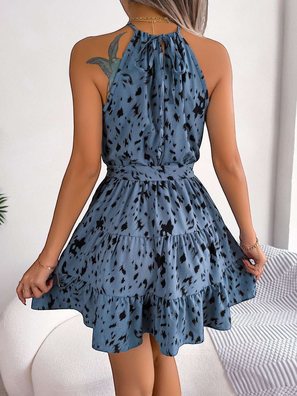 ZOFIA ATELIER blue leopard print chiffon ruffled halter neck sleeveless A-line mini dress