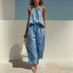 ZOFIA ATELIER light blue linen blend backless camisole and wide-leg pants set with red abstract print