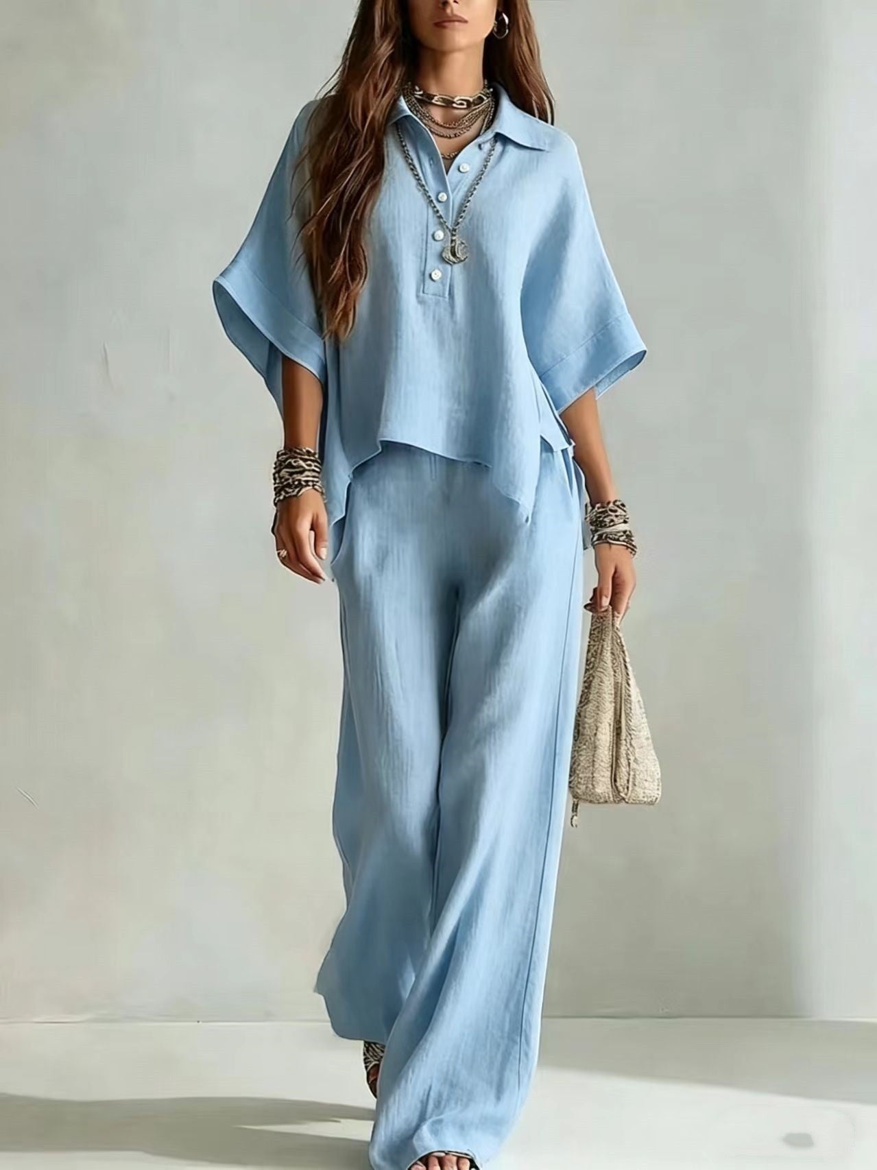 ZOFIA ATELIER light blue linen-blend short sleeve collared shirt and wide-leg pants two-piece set.