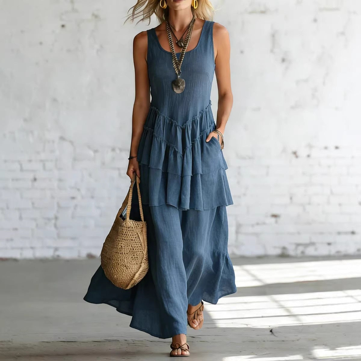 ZOFIA ATELIER blue linen sleeveless tiered maxi dress with pockets and relaxed fit.