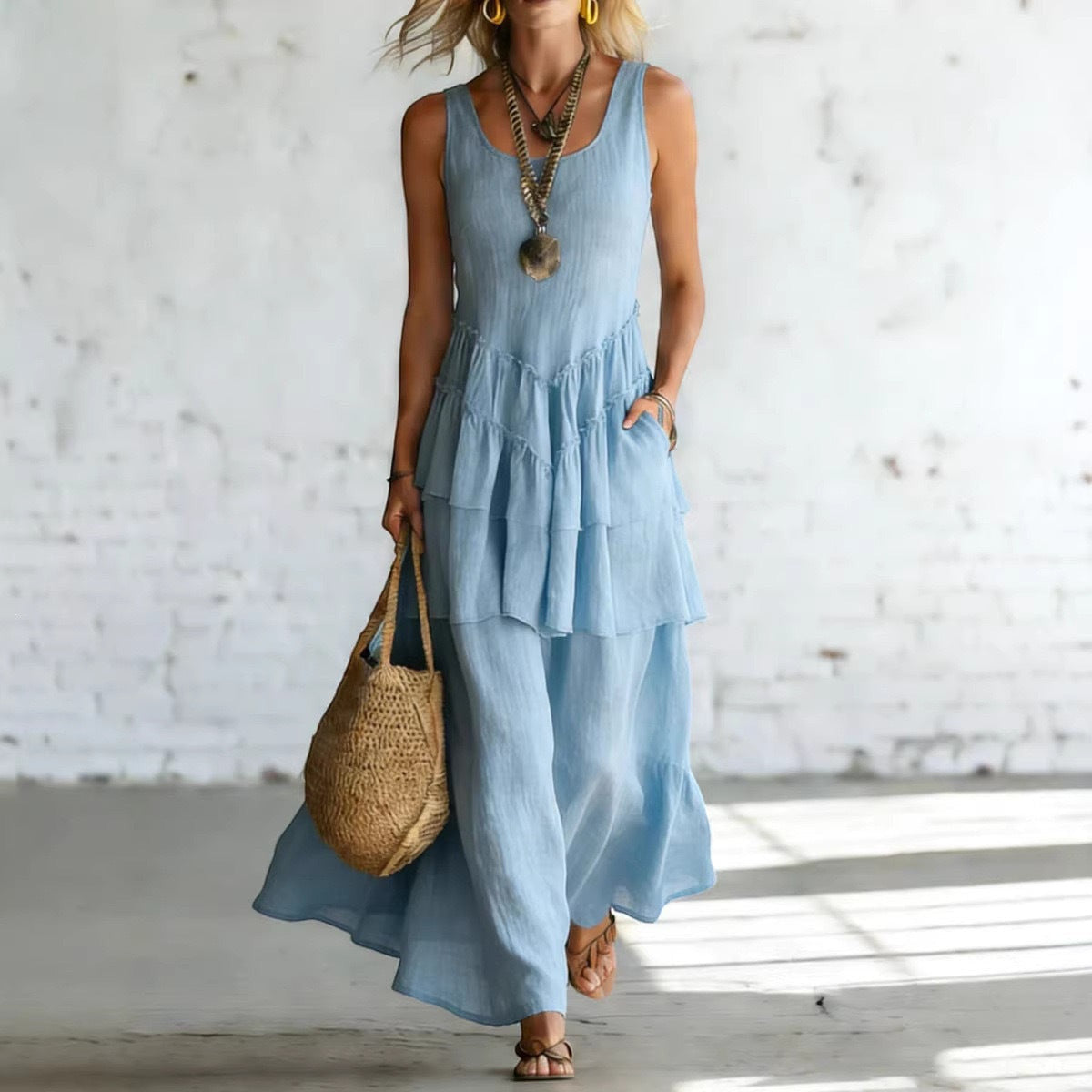 ZOFIA ATELIER light blue linen sleeveless tiered maxi dress with pockets