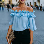 ZOFIA ATELIER light blue off-shoulder ruffled short-sleeve chlorofiber blouse
