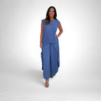 ZOFIA ATELIER blue pleated short sleeve suit with wide leg pants and flowing silhouette, made of polyester.