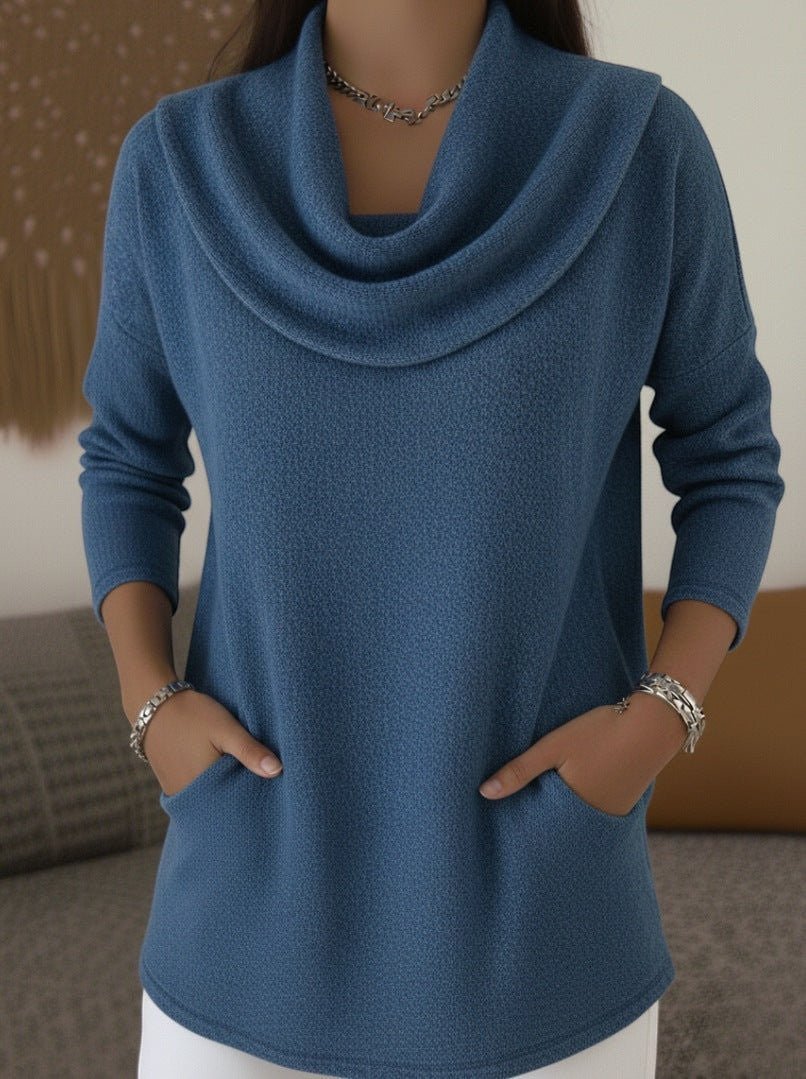 ZOFIA ATELIER blue polyester casual pullover with cowl neck and front pockets