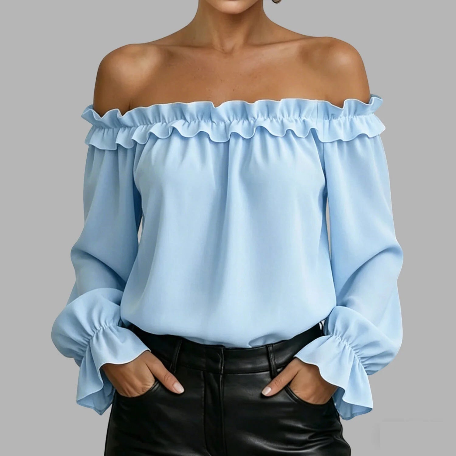 ZOFIA ATELIER light blue polyester off-shoulder shirt with ruffled neckline and cuffs, seven-quarter sleeves, slim fit.