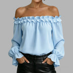 ZOFIA ATELIER light blue polyester off-shoulder shirt with ruffled neckline and cuffs, seven-quarter sleeves, slim fit.
