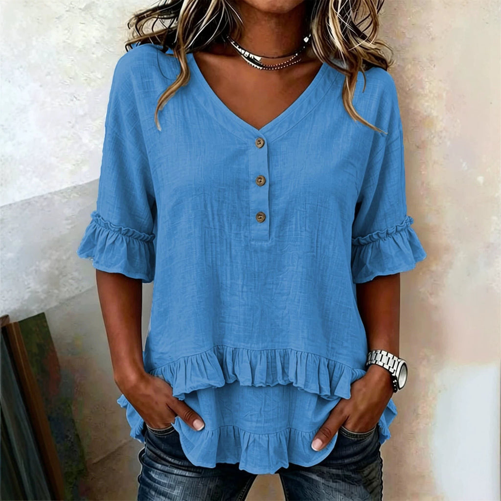 ZOFIA ATELIER blue polyester v-neck ruffled short sleeve shirt with button detail