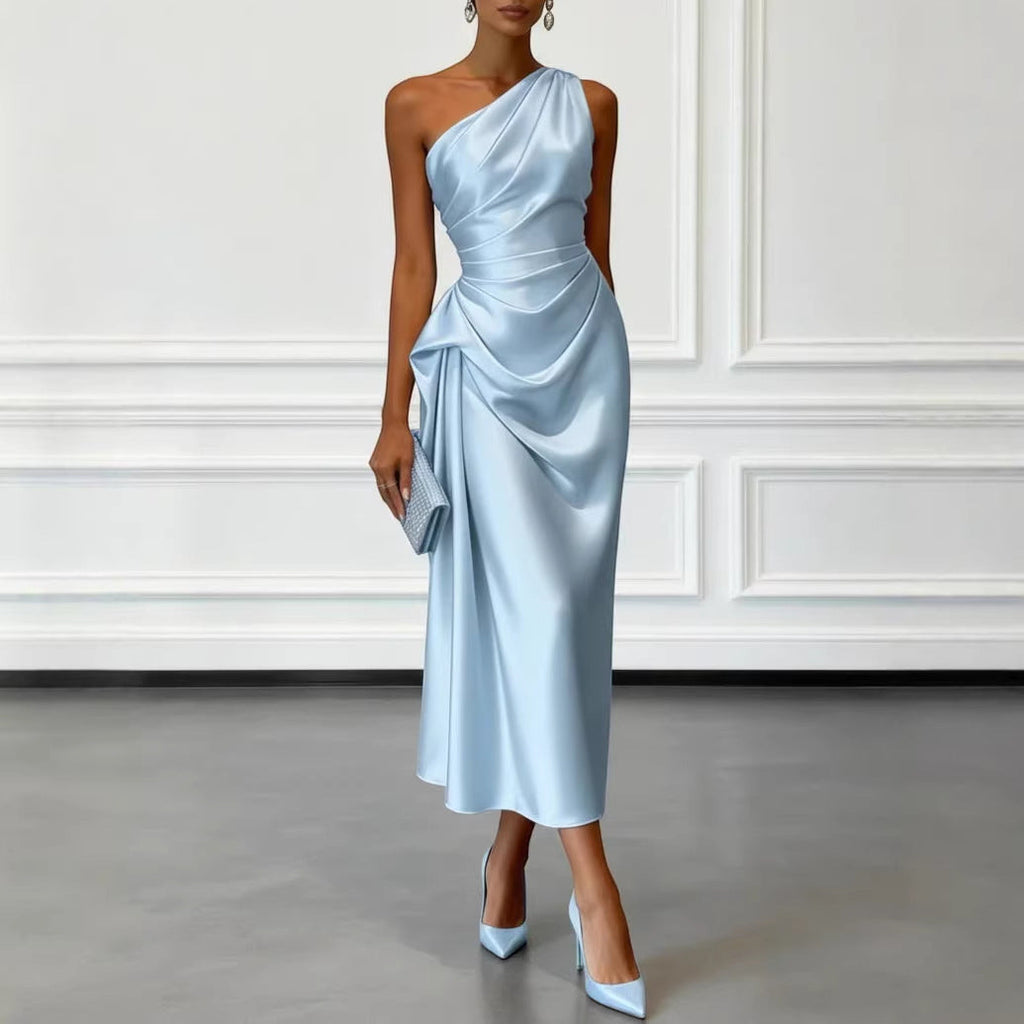 ZOFIA ATELIER light blue satin one-shoulder midi dress with waist-cinching detail and draped skirt.