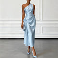 ZOFIA ATELIER light blue satin one-shoulder midi dress with waist-cinching detail and draped skirt.