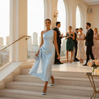 ZOFIA ATELIER light blue satin one-shoulder midi dress with waist-cinching detail and draped skirt. Model walking down stairs at a formal event.