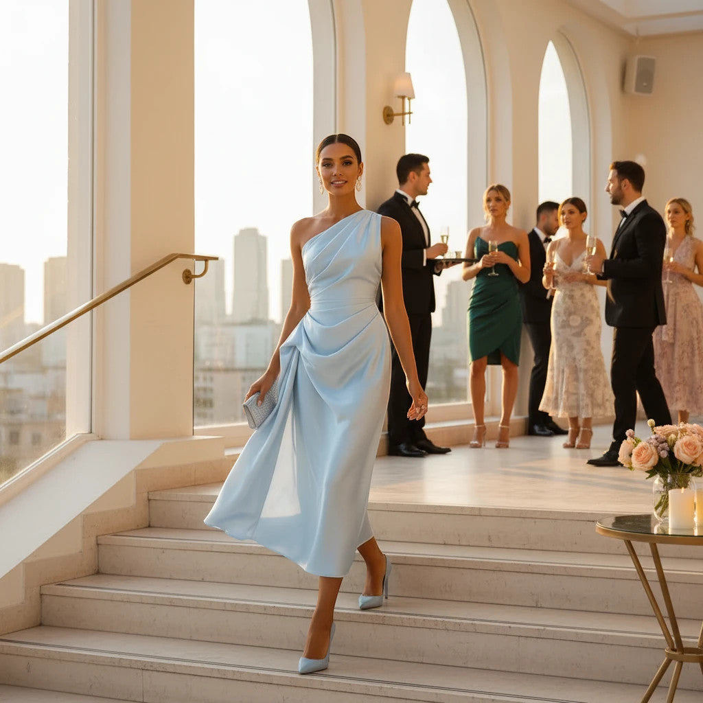 ZOFIA ATELIER light blue satin one-shoulder midi dress with waist-cinching detail and draped skirt. Model walking down stairs at a formal event.