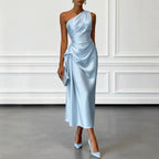 ZOFIA ATELIER light blue satin one-shoulder midi dress with waist-cinching detail and draped skirt.