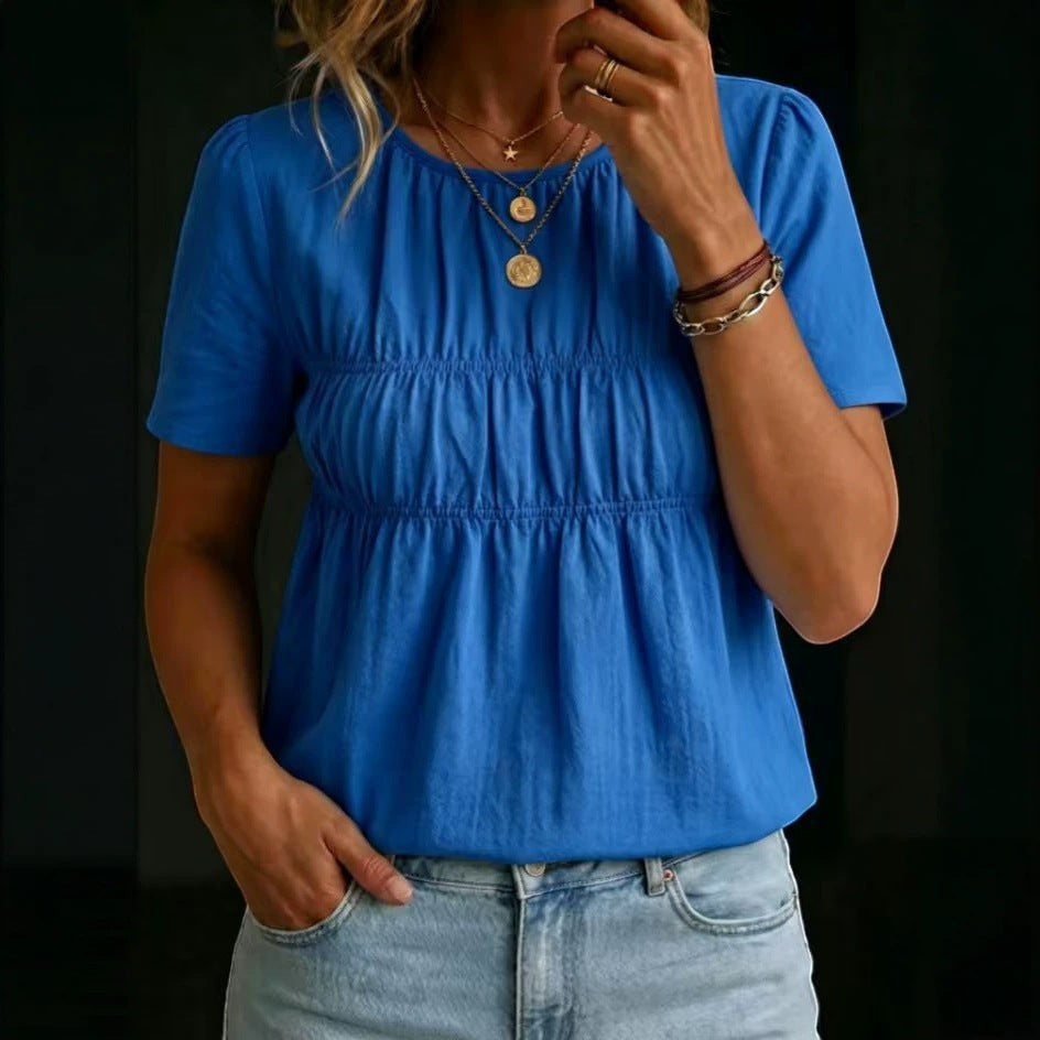 ZOFIA ATELIER blue cotton-linen blend short-sleeve crew-neck top with smocked bodice and loose fit.