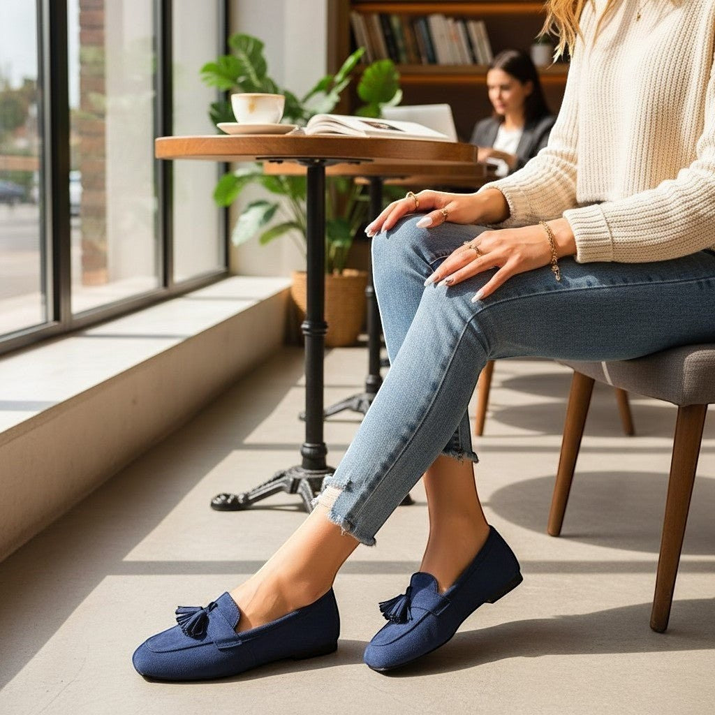 ZOFIA ATELIER blue suede slip-on loafers with tassels and square toe, low heel, for casual wear.