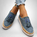 ZOFIA ATELIER blue artificial PU tassel round toe flats with perforated details and cork sole.