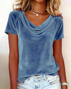 ZOFIA ATELIER blue velvet cowl neck short sleeve top with a relaxed fit.