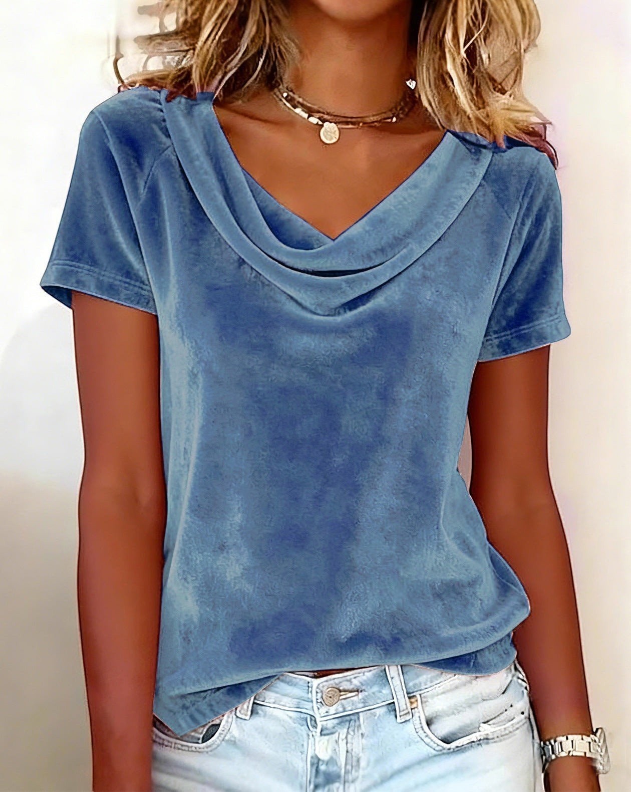 ZOFIA ATELIER blue velvet cowl neck short sleeve top with a relaxed fit.