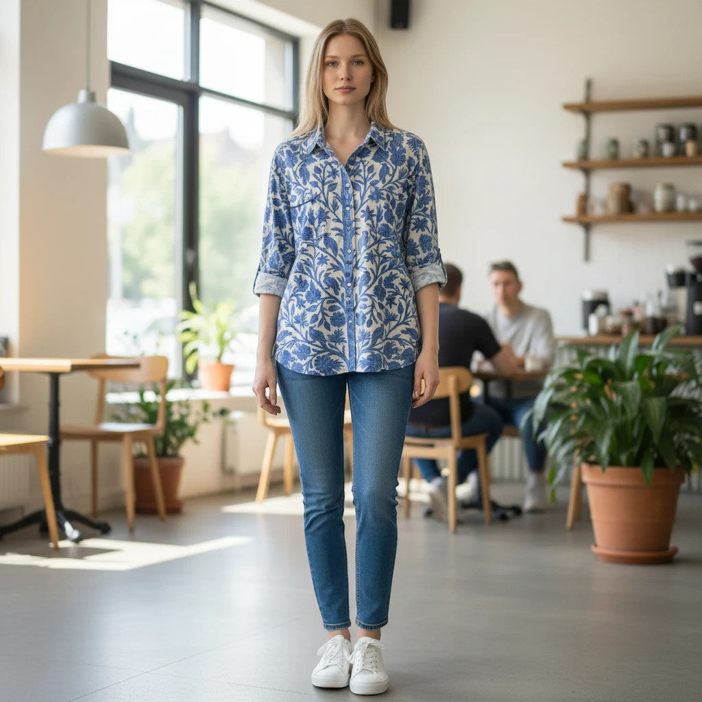 ZOFIA ATELIER blue and white floral print long sleeve button-up shirt with rolled cuffs