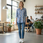ZOFIA ATELIER blue and white floral print long sleeve button-up shirt with rolled cuffs