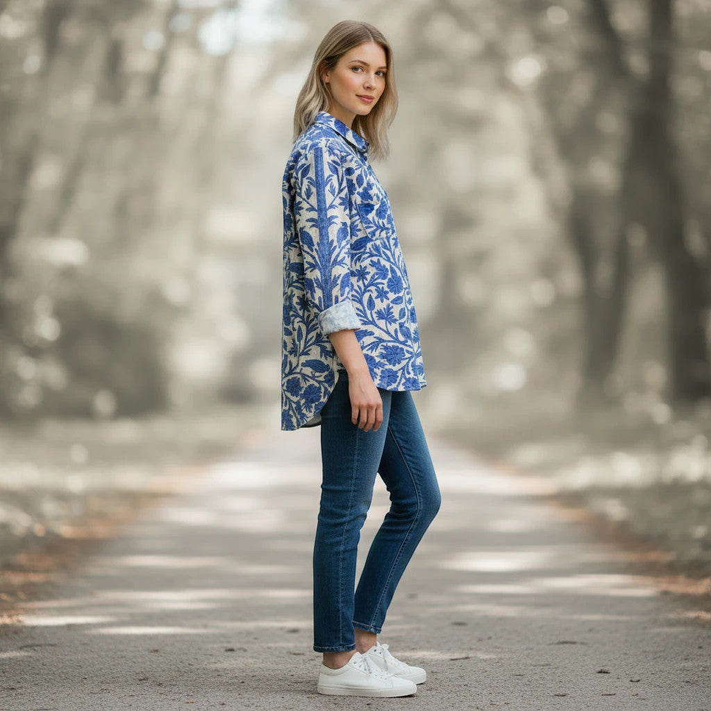 ZOFIA ATELIER blue and white floral print long sleeve button-up shirt worn by a woman.