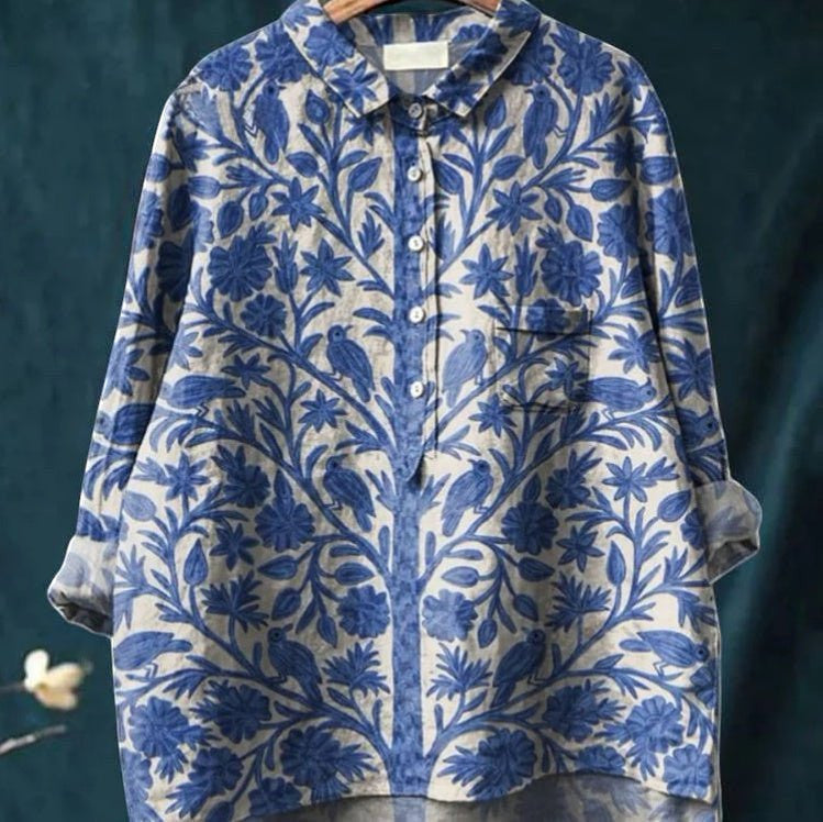 ZOFIA ATELIER blue and white floral and bird print long sleeve collared shirt