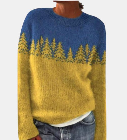 ZOFIA ATELIER blue and yellow knit pullover sweater with a forest tree pattern. Acrylic blend.