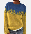 ZOFIA ATELIER blue and yellow knit pullover sweater with a forest tree pattern. Acrylic blend.