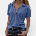 ZOFIA ATELIER blue short-sleeve casual top with a zip-detail collar and relaxed fit.