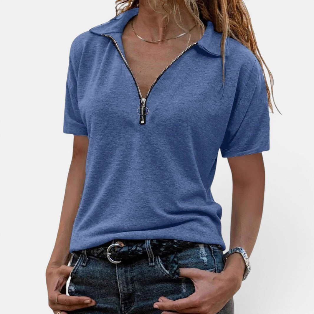 ZOFIA ATELIER blue short-sleeve casual top with a zip-detail collar and relaxed fit.